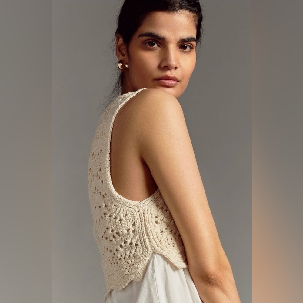 Anthro Ivory Crochet Sweater Tank Layered Boho Knit Blouse S - Picture 3 of 7